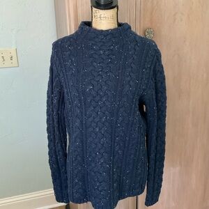L.L. Bean Navy Blue Cable Knit mock neck Sweater wool blend fisherman medium